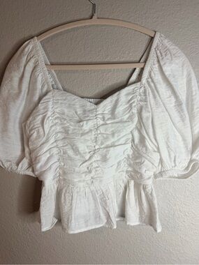 Women's White Ruched Peplum Puff Sleeve Top